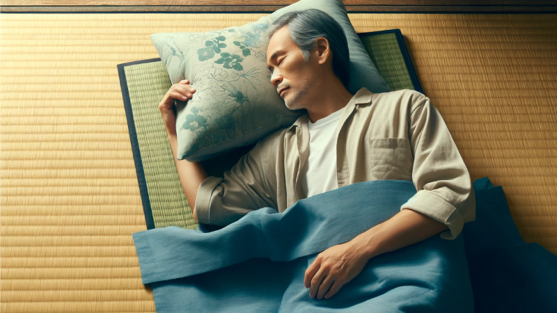畳の部屋で昼寝する男性