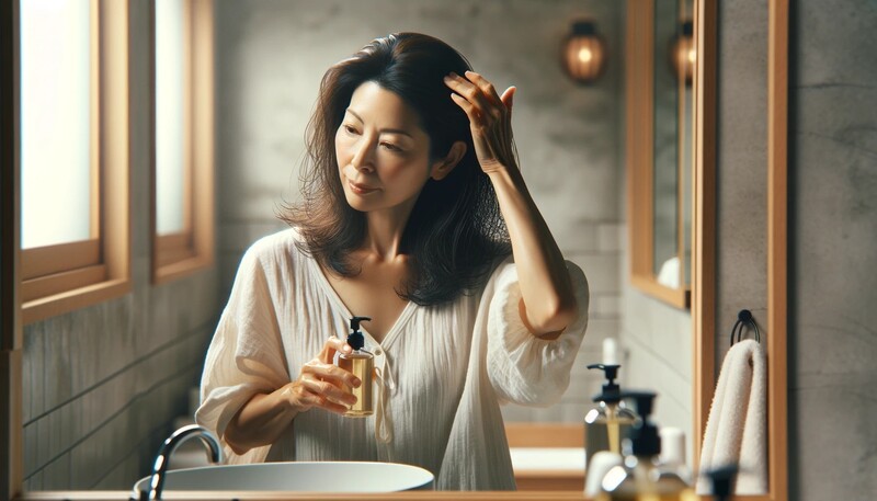 筋膜リリース後にヘアオイルを使う女性