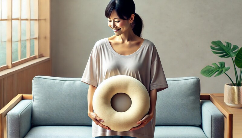 産後のクッションを持つ女性