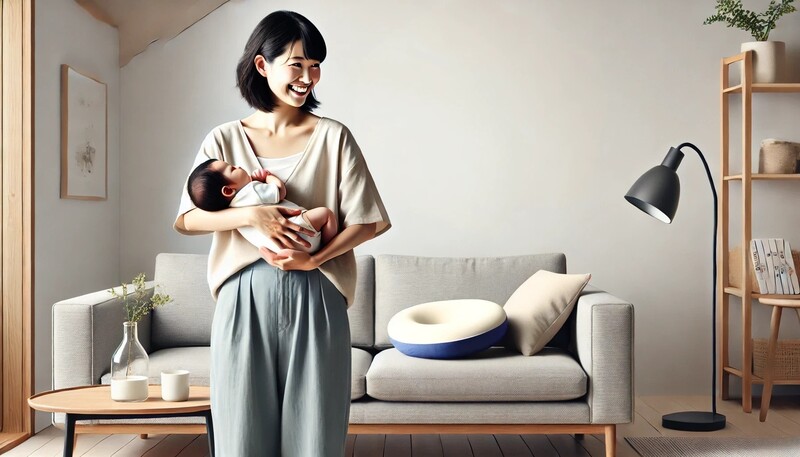 産後の女性とクッション