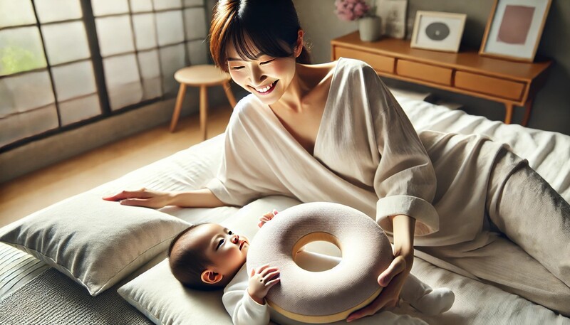 産後の女性と赤ちゃん、クッション