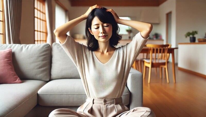 頭皮の筋膜リリースをする女性