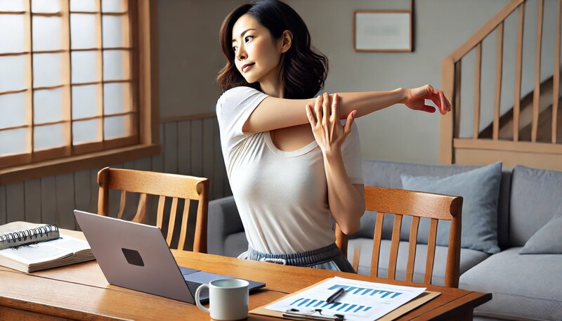 仕事の合間に肩をほぐす女性